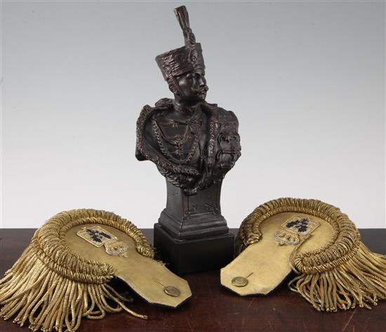 A pair of early 20th century Prussian gold braid epaulettes and a bronze bust of a Prussian Hussar commander, 11in.